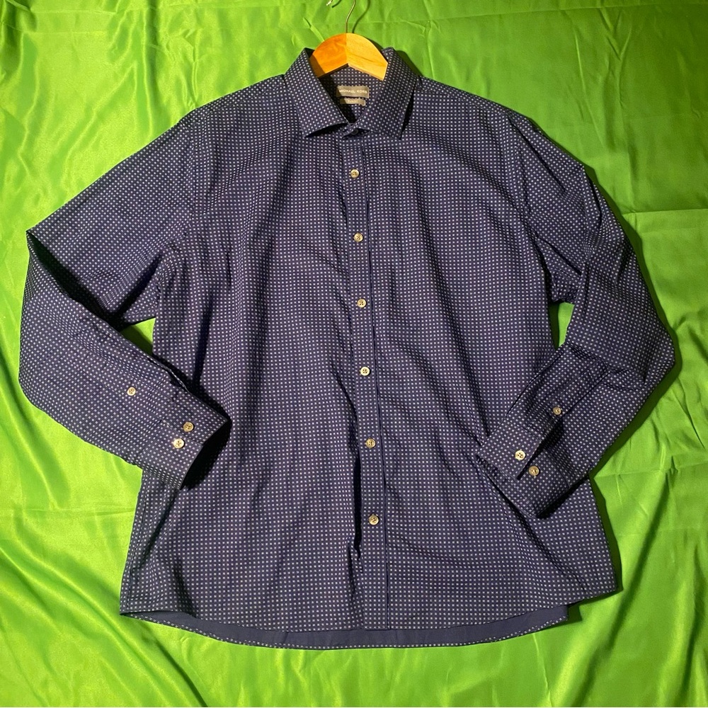 Michael Kors Dark Blue Geometric Button Down Shirt Size 17-17.5